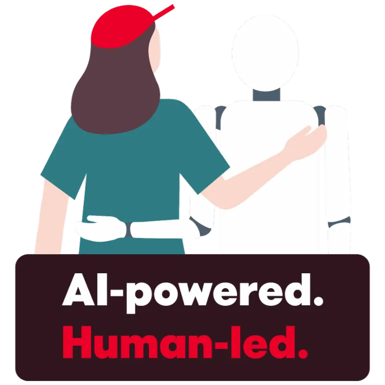 Ilustracja przedstawia osobę, która przyjaźnie obejmuje robota. Poniżej znajduje się tekst "AI-powered. Human-led.", symbolizujący współpracę między ludźmi a sztuczną inteligencją.