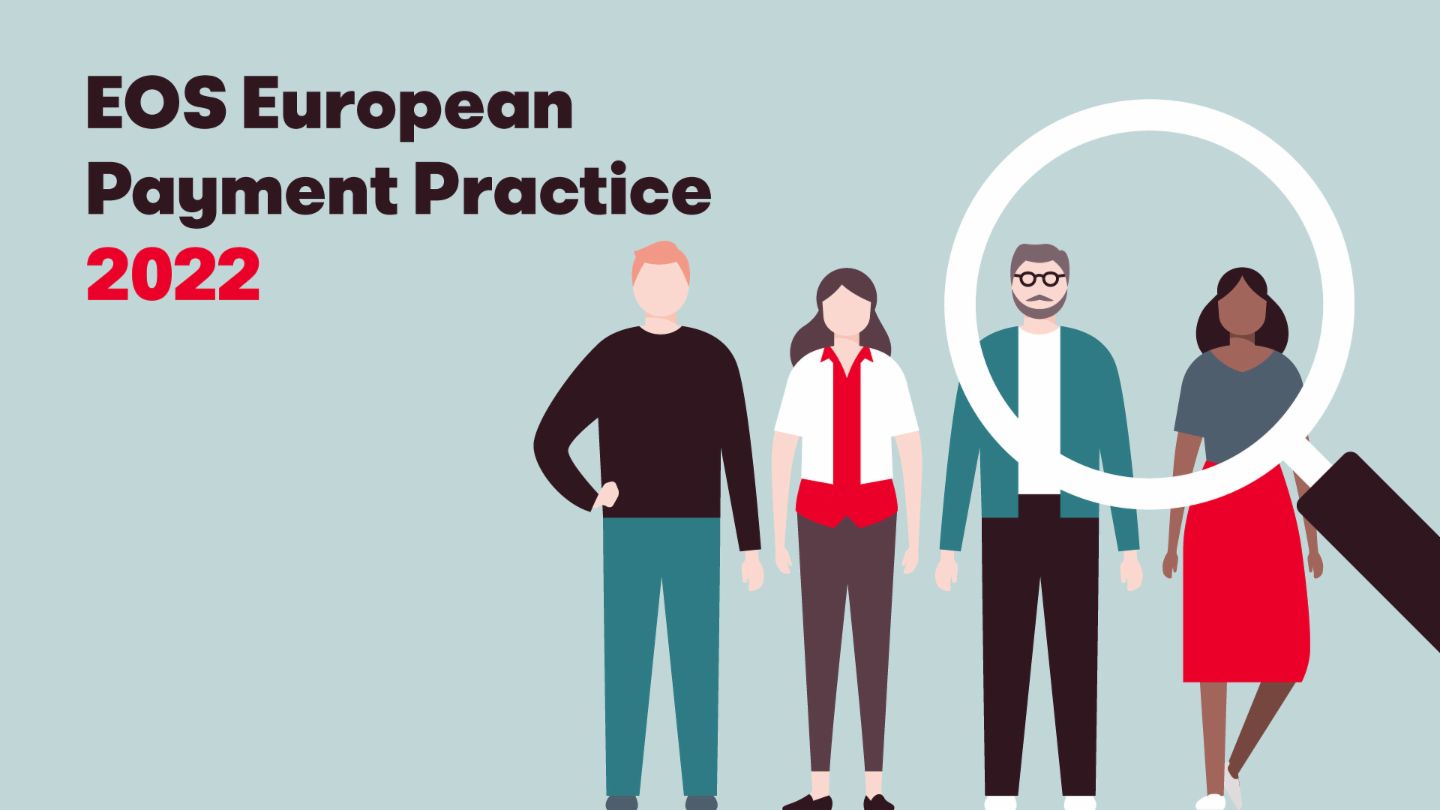 Ilustracja przedstawiająca cztery zróżnicowane osoby i lupę, wraz z tekstem "European Payment Practise EOS study 2022". Obraz ten przedstawia roczne badanie EOS dotyczące europejskich zachowań płatniczych i trendów.