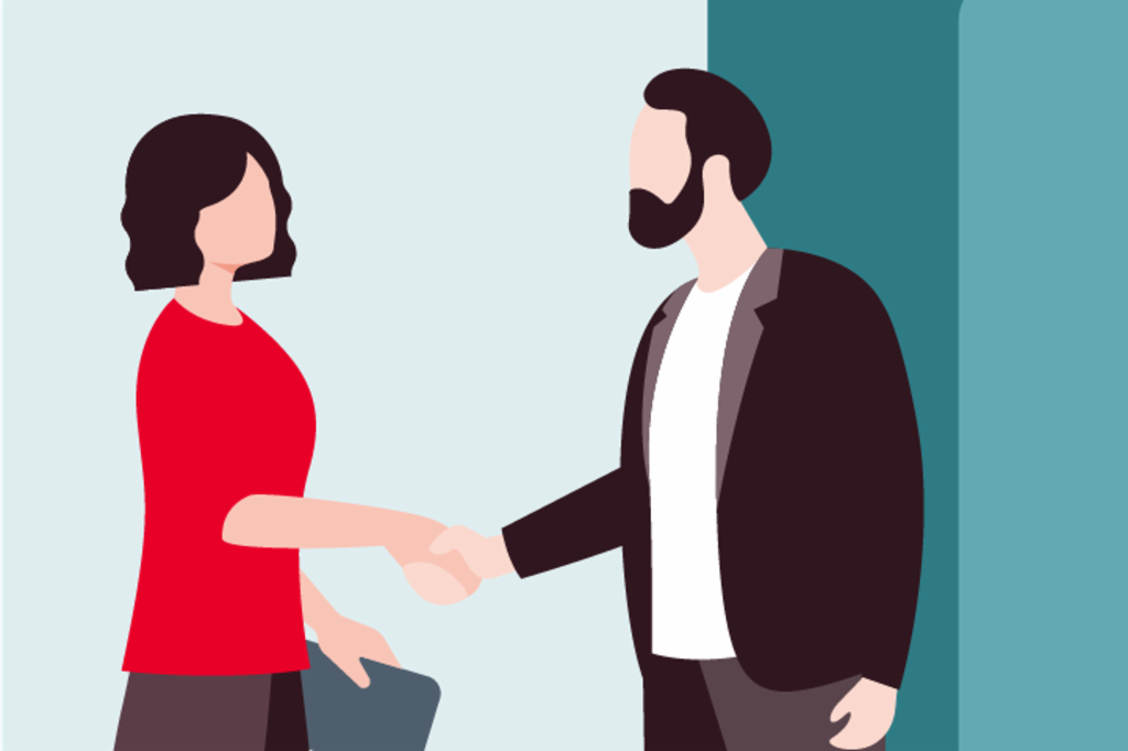 Illustation shows a woman and a man shaking hands with the woman holding a briefcase.